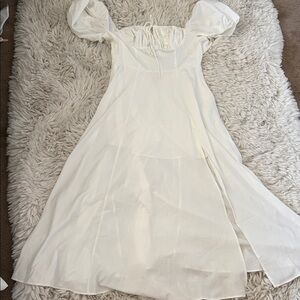 White Puff-Sleeve Midi Dress with Square Neck